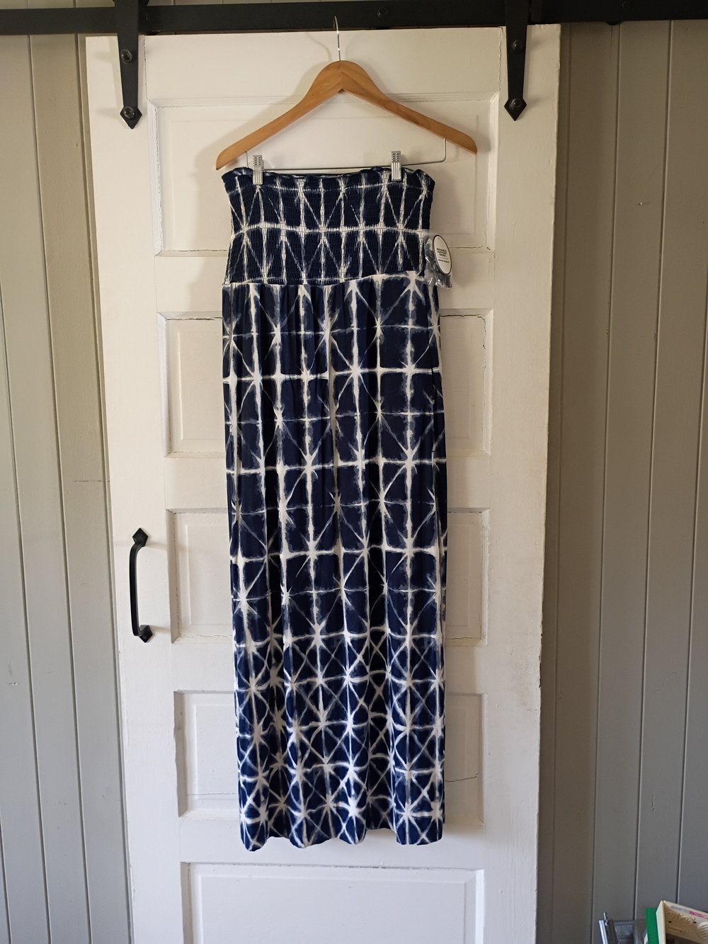 Tie-Dye Navy Strapless Maxi Dress with Smocked Waist